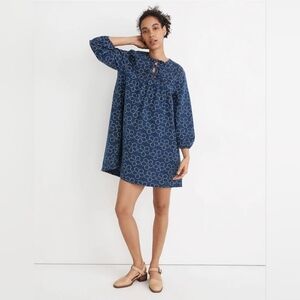 Madewell Quilted Tie-Front Bib Dress in Indigo Floral size xxs